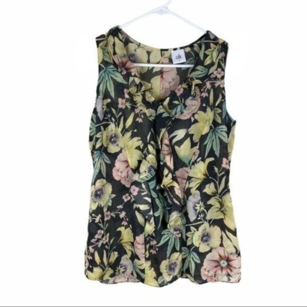 Cabi ruffle front floral sleeveless blouse small